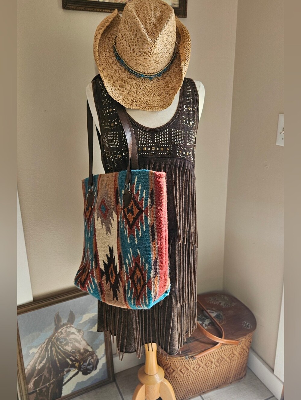 Teal & Rust El Paso Wool Saddlebag- Woven Southwestern Crossbody Tote Bag
